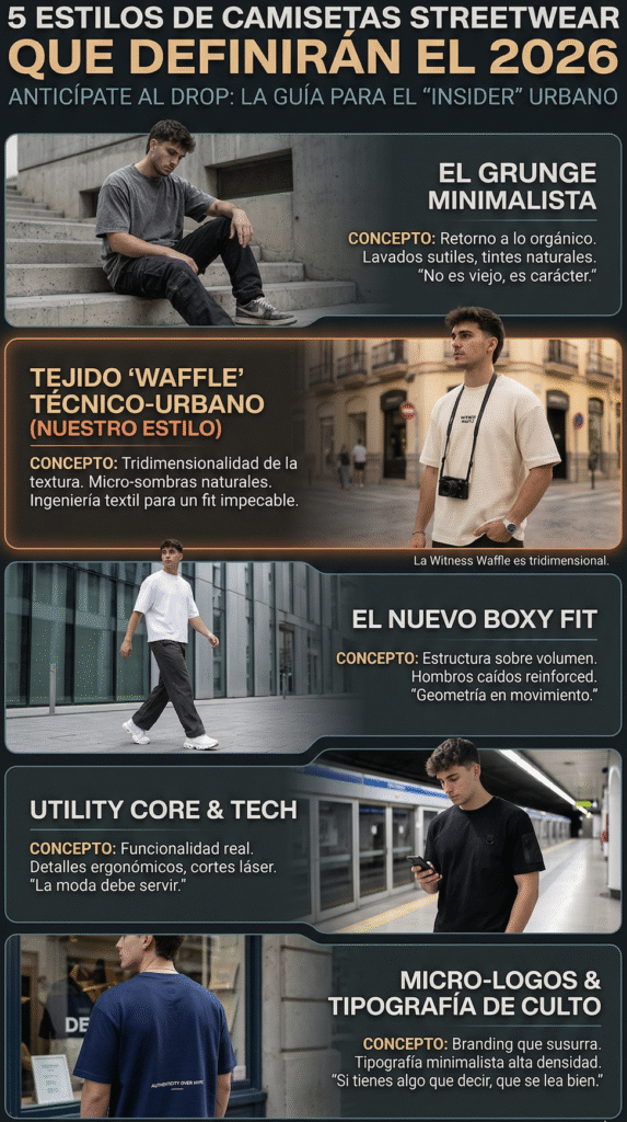 Infografía sobre las 5 tendencias de camisetas streetwear que definirán el 2026. Muestra estilos como Grunge Minimalista, Tejido Waffle Técnico-Urbano, Nuevo Boxy Fit, Utility Core y Micro-Logos. Incluye imágenes lifestyle de moda urbana en entornos reales